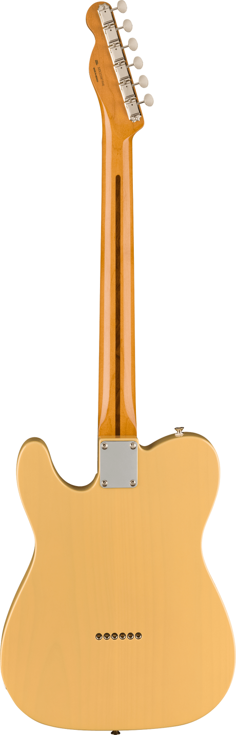 The image shows the back of a Telecaster-style electric guitar with a natural blonde finish. It features a solid body, maple neck and headstock with glossy finish, six inline chrome tuning machines, and a metal neck plate. The bridge is a string-through-body design with six holes for strings. The clear finish highlights the wood grain, showcasing a classic, high-quality instrument design.