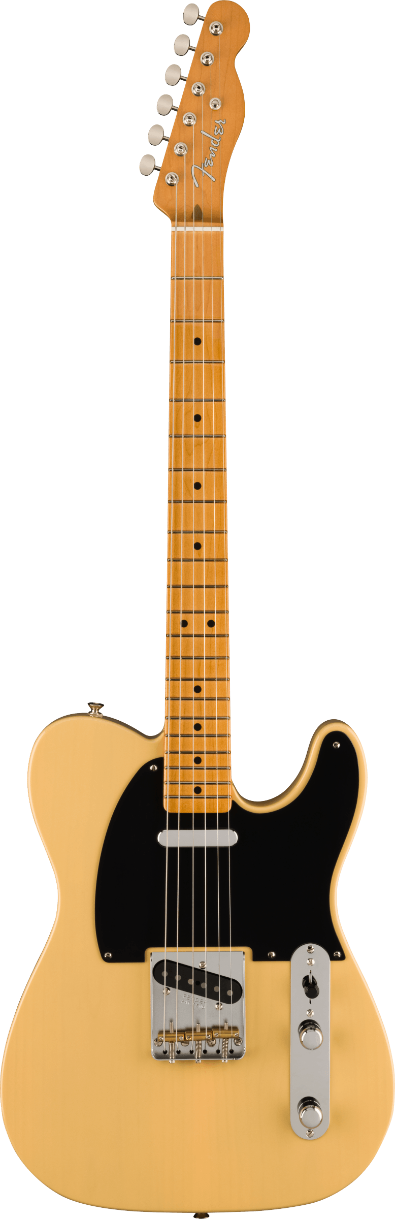 The image shows a Fender Telecaster electric guitar in a butterscotch blonde finish. It features a single-cutaway body, maple neck and fretboard, six tuning pegs with the Fender logo, black pickguard, two single-coil pickups, chrome hardware, two control knobs, a pickup selector switch, and dot fretboard markers. This classic model is known for its vintage style and bright, versatile tone.