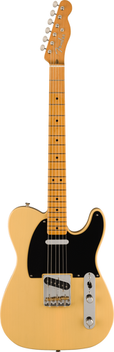 The image shows a Fender Telecaster electric guitar in a butterscotch blonde finish. It features a single-cutaway body, maple neck and fretboard, six tuning pegs with the Fender logo, black pickguard, two single-coil pickups, chrome hardware, two control knobs, a pickup selector switch, and dot fretboard markers. This classic model is known for its vintage style and bright, versatile tone.