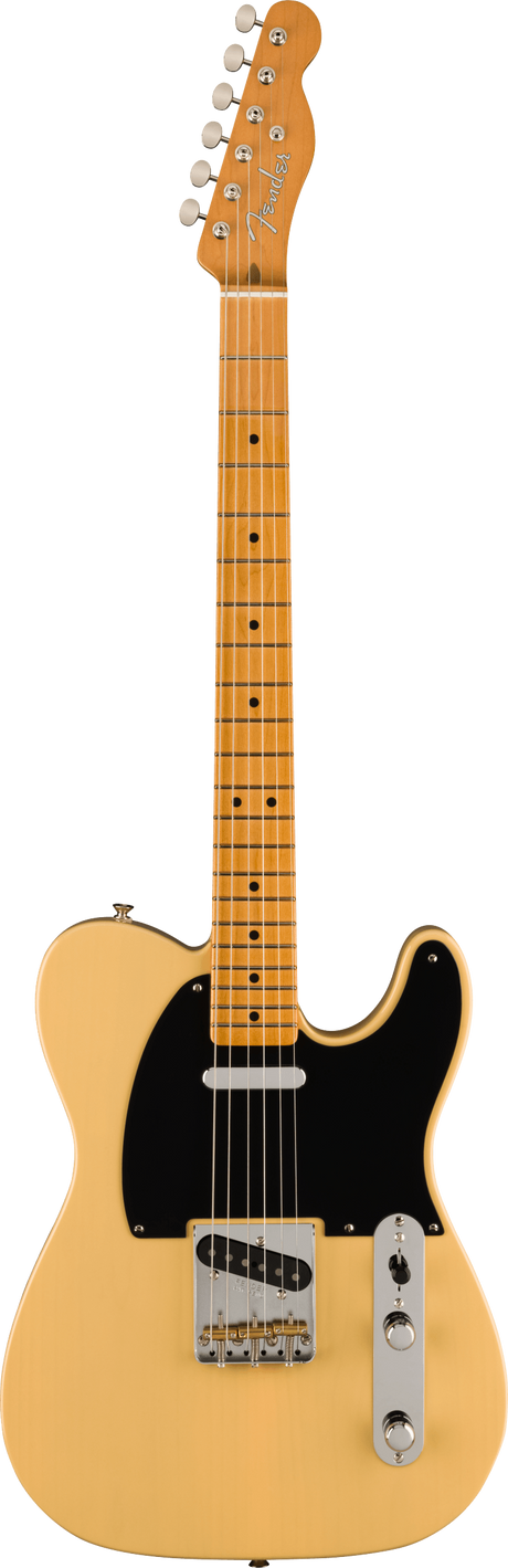 The image shows a Fender Telecaster electric guitar in a butterscotch blonde finish. It features a single-cutaway body, maple neck and fretboard, six tuning pegs with the Fender logo, black pickguard, two single-coil pickups, chrome hardware, two control knobs, a pickup selector switch, and dot fretboard markers. This classic model is known for its vintage style and bright, versatile tone.