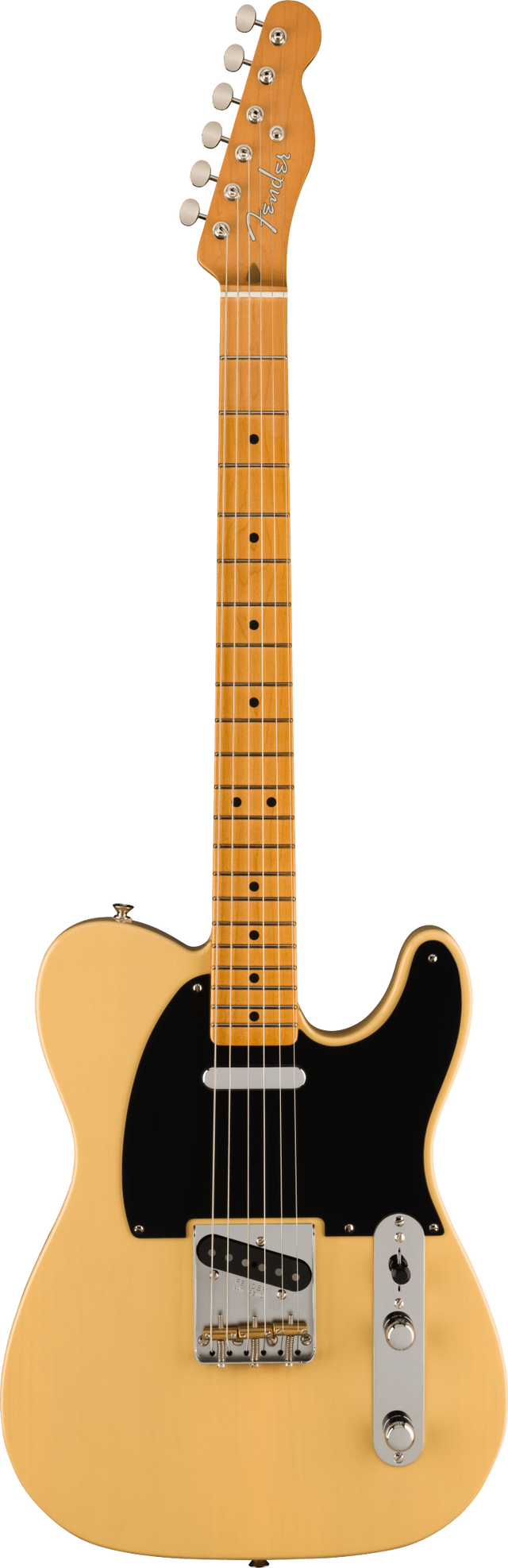 The image shows a Fender Telecaster electric guitar in a butterscotch blonde finish. It features a single-cutaway body, maple neck and fretboard, six tuning pegs with the Fender logo, black pickguard, two single-coil pickups, chrome hardware, two control knobs, a pickup selector switch, and dot fretboard markers. This classic model is known for its vintage style and bright, versatile tone.
