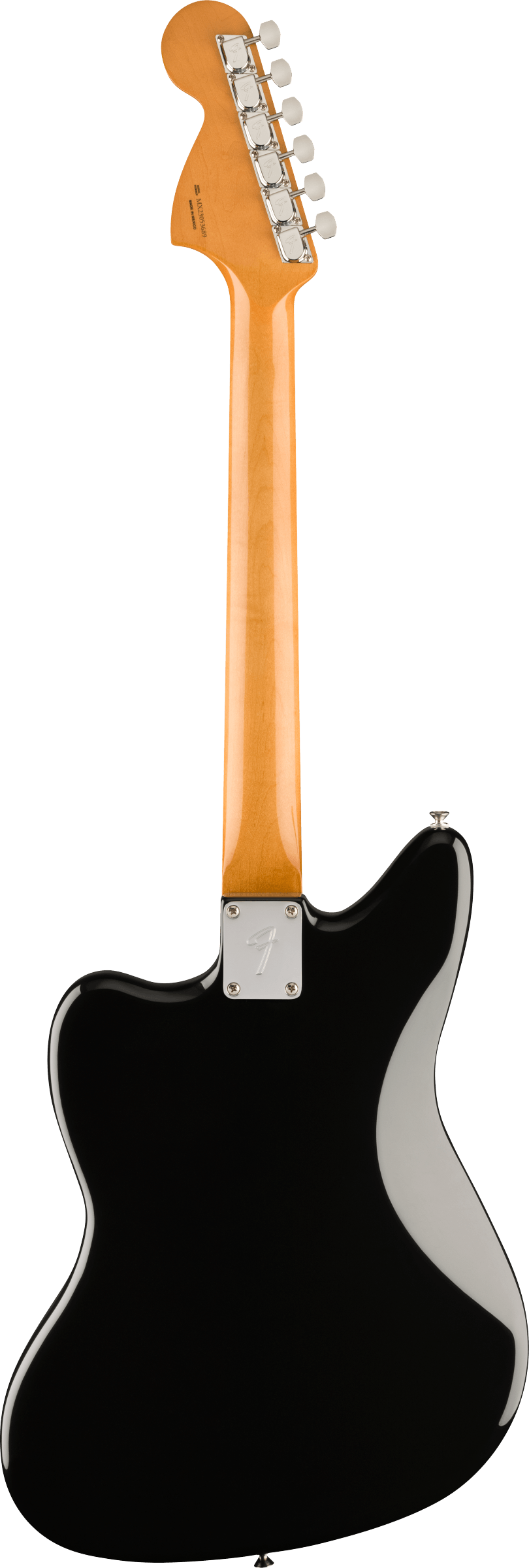 The image shows the back of a Fender-style electric guitar with a natural maple headstock featuring 6 chrome tuning pegs in a single row. It has a glossy maple neck attached to a solid black body via a chrome neck plate, indicating bolt-on construction. Chrome hardware is used throughout, giving the guitar a sleek, professional look. This modern instrument resembles a Stratocaster or similar Fender model, highlighting its quality build.