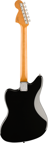 The image shows the back of a Fender-style electric guitar with a natural maple headstock featuring 6 chrome tuning pegs in a single row. It has a glossy maple neck attached to a solid black body via a chrome neck plate, indicating bolt-on construction. Chrome hardware is used throughout, giving the guitar a sleek, professional look. This modern instrument resembles a Stratocaster or similar Fender model, highlighting its quality build.