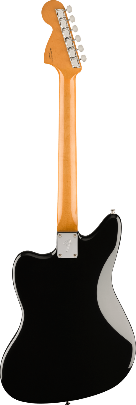 The image shows the back of a Fender-style electric guitar with a natural maple headstock featuring 6 chrome tuning pegs in a single row. It has a glossy maple neck attached to a solid black body via a chrome neck plate, indicating bolt-on construction. Chrome hardware is used throughout, giving the guitar a sleek, professional look. This modern instrument resembles a Stratocaster or similar Fender model, highlighting its quality build.
