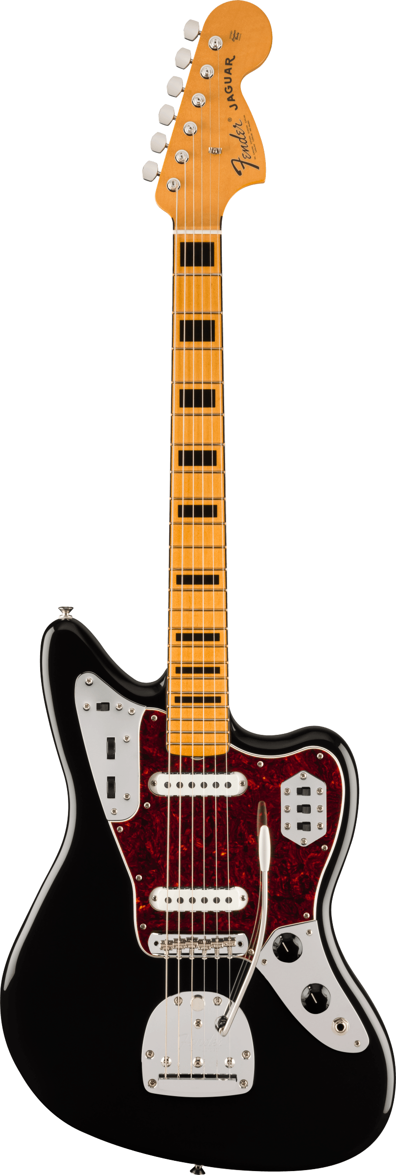 The image shows a Fender Jaguar electric guitar featuring the iconic Fender headstock with 6-in-line tuners, an offset black body with a white pickguard, dual single-coil pickups with white covers, and a maple neck with a maple fretboard. It has multiple control switches and a distinctive red tortoiseshell pickguard. This modern reissue retains the classic 1962 design known for its 24" scale and versatile electronics.