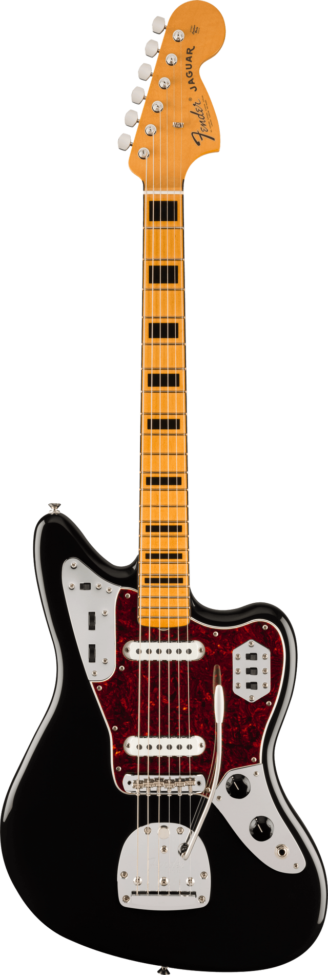 The image shows a Fender Jaguar electric guitar featuring the iconic Fender headstock with 6-in-line tuners, an offset black body with a white pickguard, dual single-coil pickups with white covers, and a maple neck with a maple fretboard. It has multiple control switches and a distinctive red tortoiseshell pickguard. This modern reissue retains the classic 1962 design known for its 24" scale and versatile electronics.