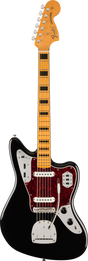 The image shows a Fender Jaguar electric guitar featuring the iconic Fender headstock with 6-in-line tuners, an offset black body with a white pickguard, dual single-coil pickups with white covers, and a maple neck with a maple fretboard. It has multiple control switches and a distinctive red tortoiseshell pickguard. This modern reissue retains the classic 1962 design known for its 24" scale and versatile electronics.
