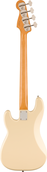 The image shows the back of a 4-string electric bass guitar with a light-colored maple neck and a natural ash or alder body. It features chrome tuning pegs with cream buttons, a metal neck plate for the bolt-on neck, and a classic, vintage-style design with natural wood finishes and chrome hardware. The instrument reflects a traditional American bass aesthetic.