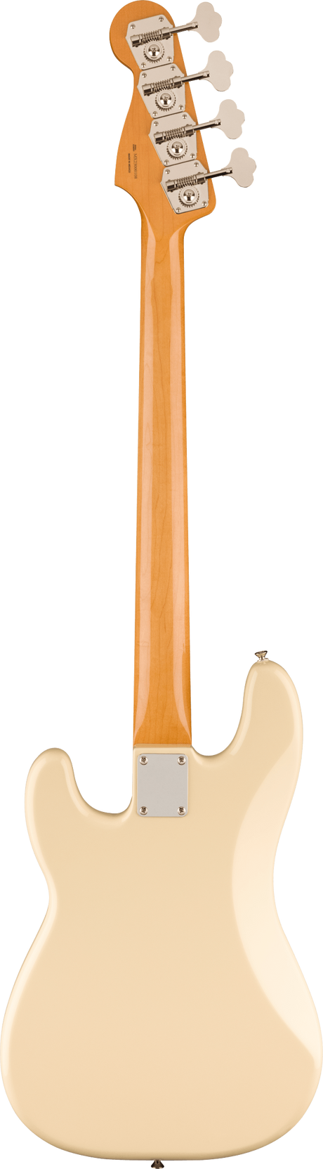 The image shows the back of a 4-string electric bass guitar with a light-colored maple neck and a natural ash or alder body. It features chrome tuning pegs with cream buttons, a metal neck plate for the bolt-on neck, and a classic, vintage-style design with natural wood finishes and chrome hardware. The instrument reflects a traditional American bass aesthetic.