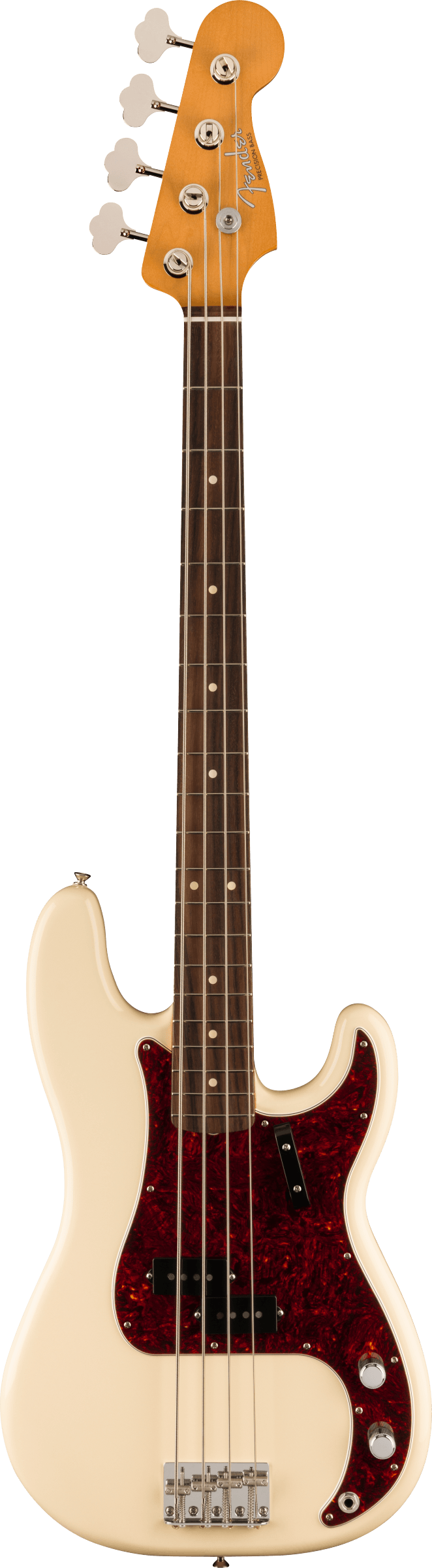 The image shows a Fender Precision Bass electric bass guitar with a cream-colored offset double-cutaway body, dark red tortoiseshell pickguard, and chrome hardware. It features a split-coil pickup, two control knobs, a maple headstock with the Fender logo, four vintage-style tuning pegs, and a rosewood fingerboard with dot markers. The bolt-on neck and four-string setup are typical of this classic, punchy-toned instrument.