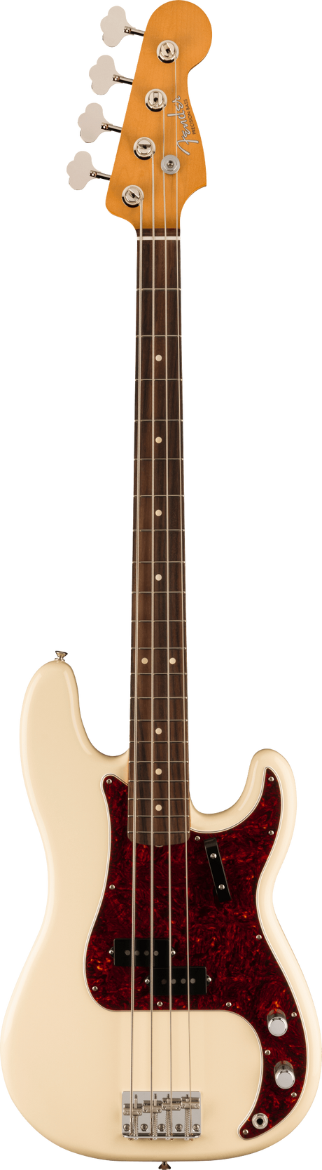 The image shows a Fender Precision Bass electric bass guitar with a cream-colored offset double-cutaway body, dark red tortoiseshell pickguard, and chrome hardware. It features a split-coil pickup, two control knobs, a maple headstock with the Fender logo, four vintage-style tuning pegs, and a rosewood fingerboard with dot markers. The bolt-on neck and four-string setup are typical of this classic, punchy-toned instrument.