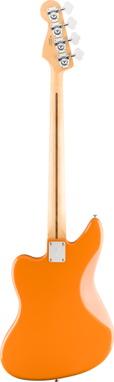 The image shows the back of a 4-string electric bass guitar with a vibrant orange/amber glossy body, a natural maple neck and headstock, and four chrome tuning pegs. It features a metal neck plate where the neck meets the body and a classic offset shape. This string instrument plays bass lines in various genres, with thick strings typically tuned E-A-D-G, providing the rhythmic foundation in music.