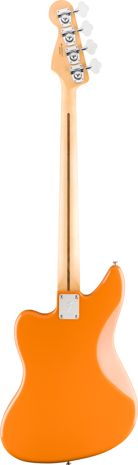 The image shows the back of a 4-string electric bass guitar with a vibrant orange/amber glossy body, a natural maple neck and headstock, and four chrome tuning pegs. It features a metal neck plate where the neck meets the body and a classic offset shape. This string instrument plays bass lines in various genres, with thick strings typically tuned E-A-D-G, providing the rhythmic foundation in music.
