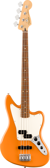The image shows an electric bass guitar with a bright orange/amber offset body, white pickguard, and four strings. It features chrome hardware, a dark wooden fretboard with white dot markers, and control knobs for tone and volume. The design resembles a Fender Jaguar or Mustang bass, known for its comfortable short-to-medium scale and use in rock, pop, indie, and alternative music.