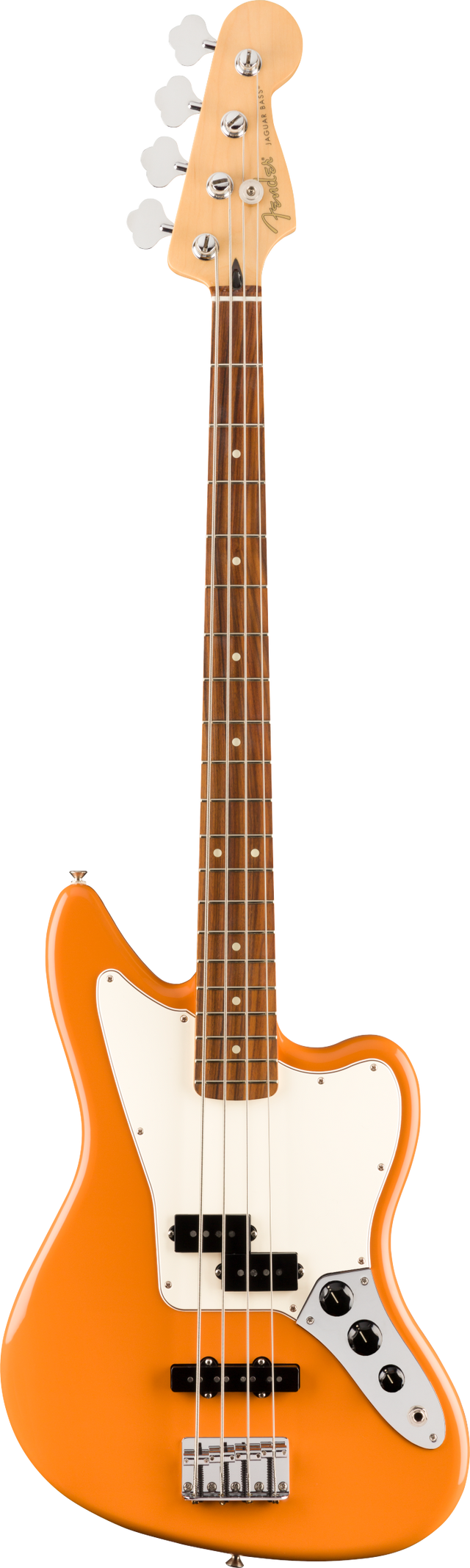 The image shows an electric bass guitar with a bright orange/amber offset body, white pickguard, and four strings. It features chrome hardware, a dark wooden fretboard with white dot markers, and control knobs for tone and volume. The design resembles a Fender Jaguar or Mustang bass, known for its comfortable short-to-medium scale and use in rock, pop, indie, and alternative music.