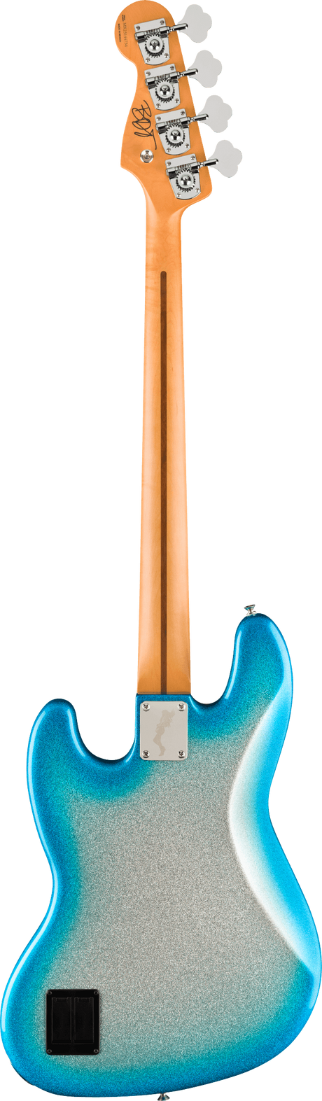 The image shows the back of a modern electric bass guitar with a blue-to-silver metallic gradient finish and classic offset body. It features a natural maple neck, four chrome tuning pegs with cream buttons, and a partially visible headstock logo. Chrome hardware and a small black electronics compartment are visible on the body, indicating a likely 4-string active pickup setup.