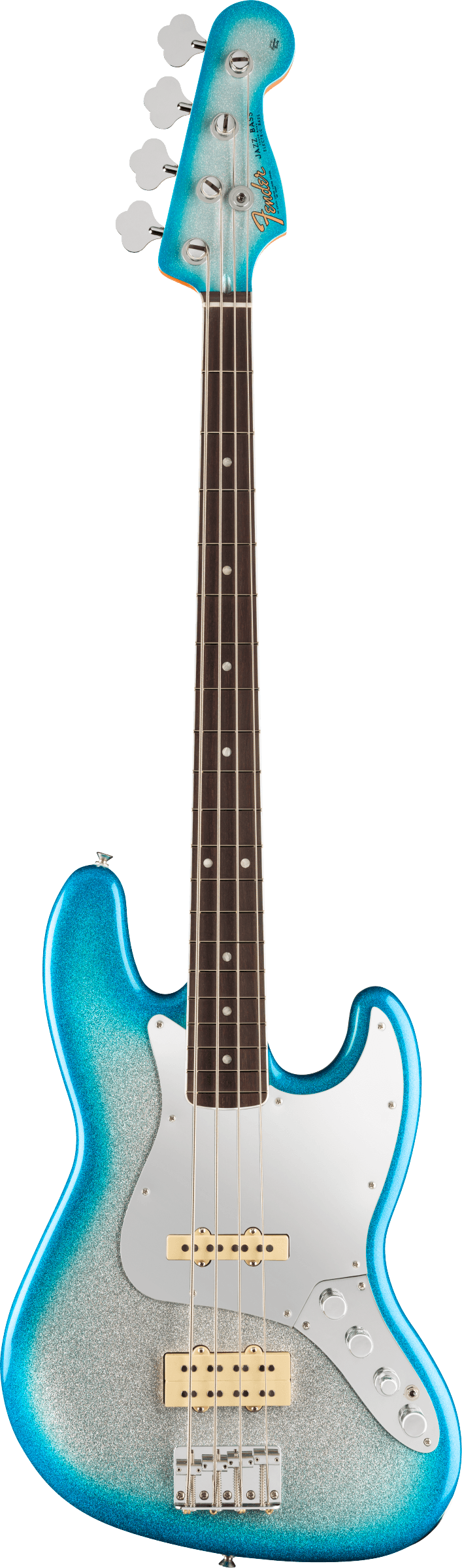 The image shows a 4-string electric bass guitar with a metallic turquoise/teal finish and a white pickguard. It features a dark rosewood fretboard with white markers, four tuning pegs with "Fender" branding, two single-coil pickups, chrome hardware, and a classic double-cutaway body typical of a Fender Jazz Bass style.