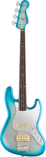 The image shows a 4-string electric bass guitar with a metallic turquoise/teal finish and a white pickguard. It features a dark rosewood fretboard with white markers, four tuning pegs with "Fender" branding, two single-coil pickups, chrome hardware, and a classic double-cutaway body typical of a Fender Jazz Bass style.