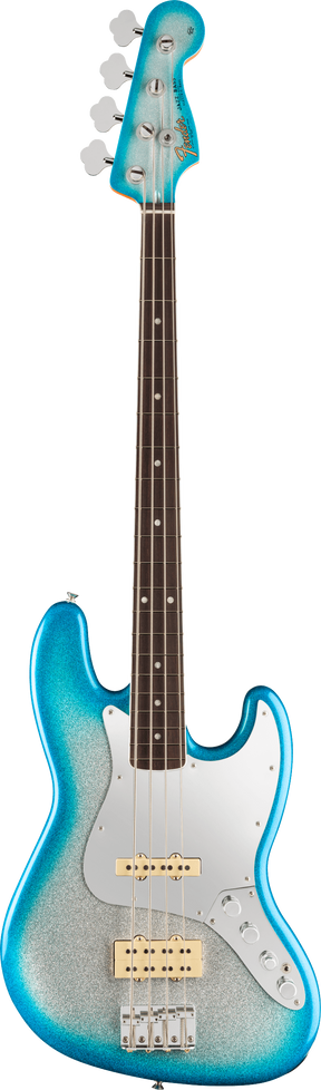 The image shows a 4-string electric bass guitar with a metallic turquoise/teal finish and a white pickguard. It features a dark rosewood fretboard with white markers, four tuning pegs with "Fender" branding, two single-coil pickups, chrome hardware, and a classic double-cutaway body typical of a Fender Jazz Bass style.