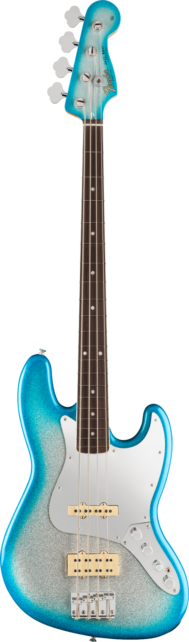 The image shows a 4-string electric bass guitar with a metallic turquoise/teal finish and a white pickguard. It features a dark rosewood fretboard with white markers, four tuning pegs with "Fender" branding, two single-coil pickups, chrome hardware, and a classic double-cutaway body typical of a Fender Jazz Bass style.