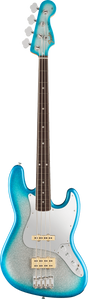 The image shows a 4-string electric bass guitar with a metallic turquoise/teal finish and a white pickguard. It features a dark rosewood fretboard with white markers, four tuning pegs with "Fender" branding, two single-coil pickups, chrome hardware, and a classic double-cutaway body typical of a Fender Jazz Bass style.