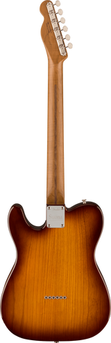 The image shows the back of a Telecaster-style electric guitar with a sunburst finish revealing wood grain. It features a single-cutaway body, chrome tuning machines, a metal neck plate, and six string ferrules. The bolt-on neck appears to be light-colored wood, likely maple. The hardware has a chrome or nickel finish, reflecting classic, high-quality Telecaster design popular in various music genres.
