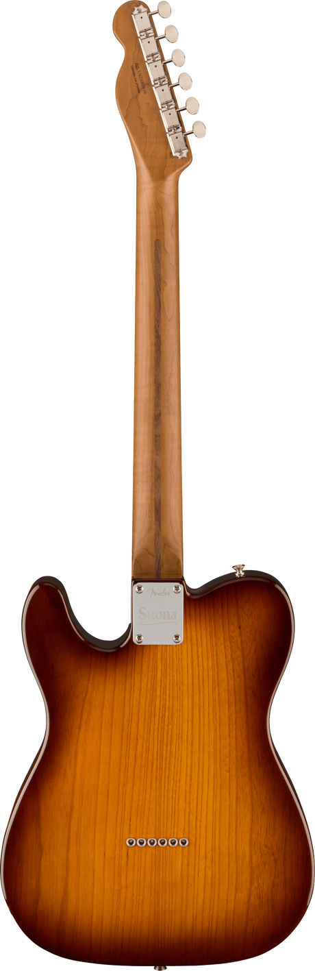 The image shows the back of a Telecaster-style electric guitar with a sunburst finish revealing wood grain. It features a single-cutaway body, chrome tuning machines, a metal neck plate, and six string ferrules. The bolt-on neck appears to be light-colored wood, likely maple. The hardware has a chrome or nickel finish, reflecting classic, high-quality Telecaster design popular in various music genres.