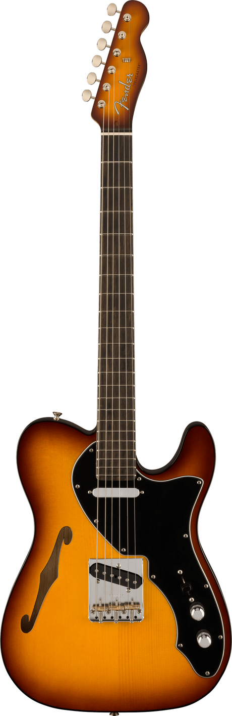 The image shows a Fender Telecaster Thinline electric guitar with a semi-hollow body and f-hole. It features a sunburst finish, chrome tuning pegs, black pickguard, two pickups, a traditional Telecaster bridge, and two control knobs. The dark fretboard has standard markers, and the classic Fender headstock displays the logo. This model blends the Telecaster’s iconic design with enhanced warmth and resonance.