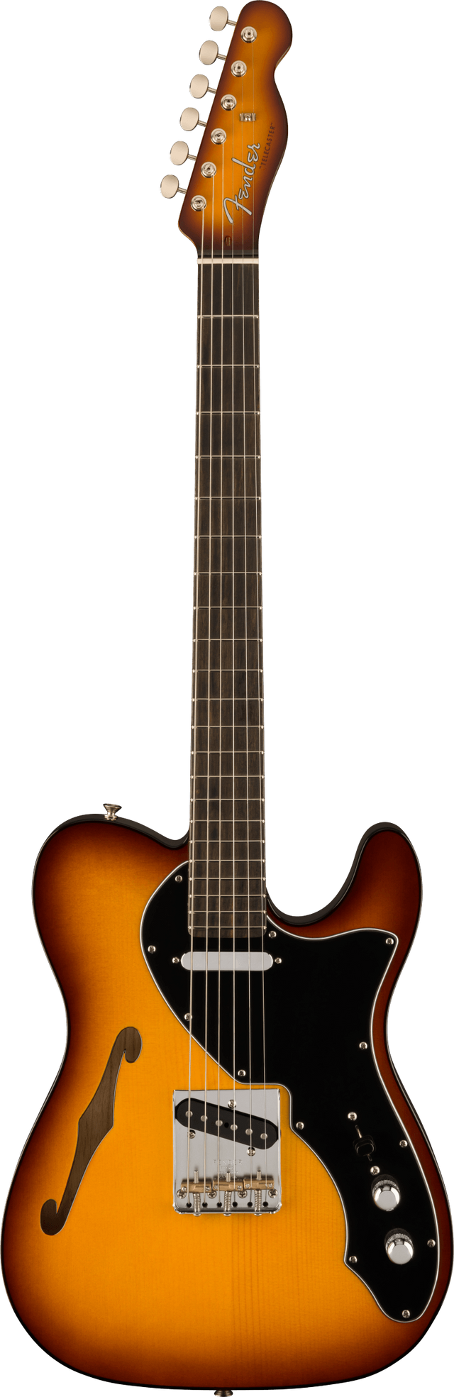 The image shows a Fender Telecaster Thinline electric guitar with a semi-hollow body and f-hole. It features a sunburst finish, chrome tuning pegs, black pickguard, two pickups, a traditional Telecaster bridge, and two control knobs. The dark fretboard has standard markers, and the classic Fender headstock displays the logo. This model blends the Telecaster’s iconic design with enhanced warmth and resonance.