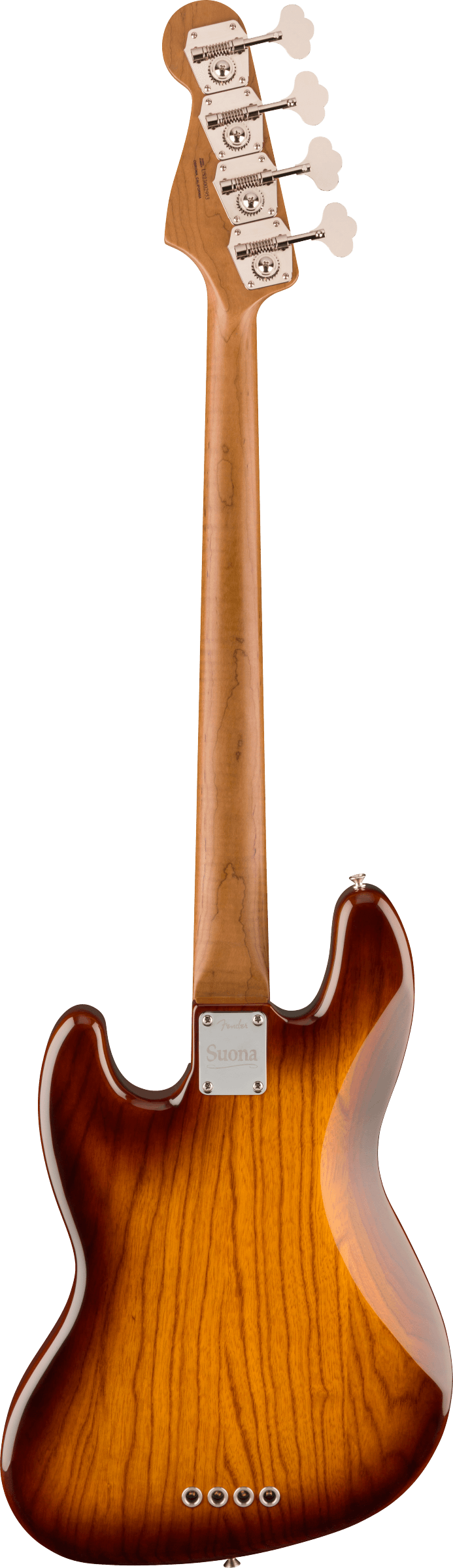 The image shows the back of a 4-string electric bass guitar with a natural maple neck and sunburst brown-to-amber body. It features four chrome tuning machines with cream buttons in a straight line on the headstock, a metal neck plate, and classic curved body shape. The hardware appears polished and professional-grade, highlighting quality craftsmanship and clean finish work typical of modern bass guitars.