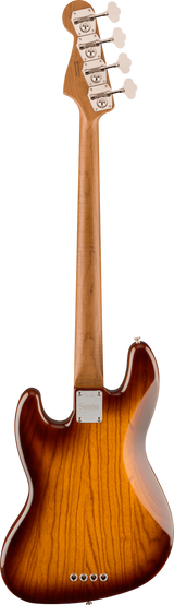 The image shows the back of a 4-string electric bass guitar with a natural maple neck and sunburst brown-to-amber body. It features four chrome tuning machines with cream buttons in a straight line on the headstock, a metal neck plate, and classic curved body shape. The hardware appears polished and professional-grade, highlighting quality craftsmanship and clean finish work typical of modern bass guitars.