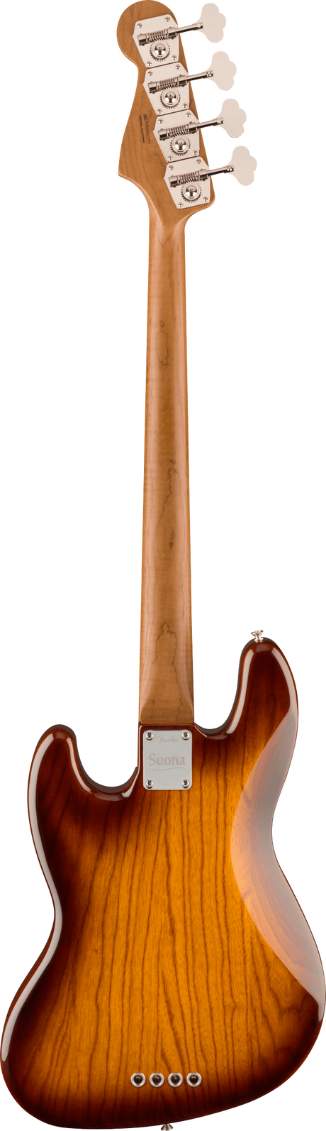 The image shows the back of a 4-string electric bass guitar with a natural maple neck and sunburst brown-to-amber body. It features four chrome tuning machines with cream buttons in a straight line on the headstock, a metal neck plate, and classic curved body shape. The hardware appears polished and professional-grade, highlighting quality craftsmanship and clean finish work typical of modern bass guitars.
