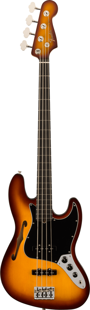 The image shows a Fender Jazz Bass-style electric bass guitar with a tobacco sunburst finish, transitioning from dark brown edges to a golden center. It features a semi-hollow body with an f-hole, a black pickguard, chrome control knobs, single-coil pickups, and a matching sunburst headstock with the Fender logo. The dark fretboard and vintage cream tuning pegs complete this high-quality, resonant instrument.