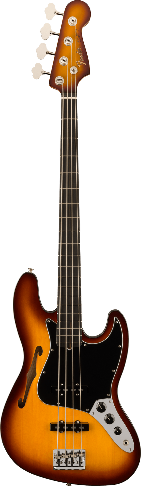 The image shows a Fender Jazz Bass-style electric bass guitar with a tobacco sunburst finish, transitioning from dark brown edges to a golden center. It features a semi-hollow body with an f-hole, a black pickguard, chrome control knobs, single-coil pickups, and a matching sunburst headstock with the Fender logo. The dark fretboard and vintage cream tuning pegs complete this high-quality, resonant instrument.