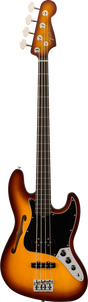 The image shows a Fender Jazz Bass-style electric bass guitar with a tobacco sunburst finish, transitioning from dark brown edges to a golden center. It features a semi-hollow body with an f-hole, a black pickguard, chrome control knobs, single-coil pickups, and a matching sunburst headstock with the Fender logo. The dark fretboard and vintage cream tuning pegs complete this high-quality, resonant instrument.