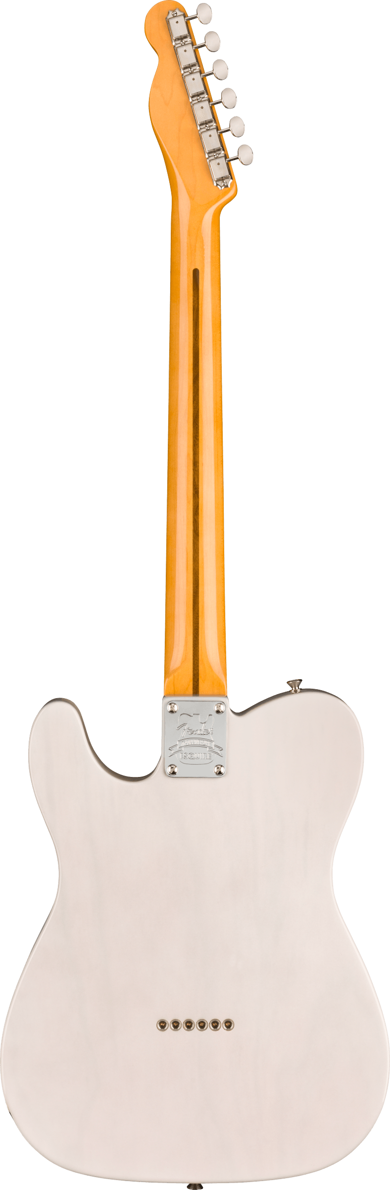 The image shows the back of a Telecaster-style electric guitar with a glossy orange neck, six chrome tuning pegs in a row, and a cream-colored body with a smooth finish. It features a metal neck plate with a Fender logo, a classic flat-top shape with contoured edges, and six small holes likely for electronics access. This vintage-inspired design is known for its bright tone and simple, reliable construction.