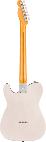 The image shows the back of a Telecaster-style electric guitar with a glossy orange neck, six chrome tuning pegs in a row, and a cream-colored body with a smooth finish. It features a metal neck plate with a Fender logo, a classic flat-top shape with contoured edges, and six small holes likely for electronics access. This vintage-inspired design is known for its bright tone and simple, reliable construction.