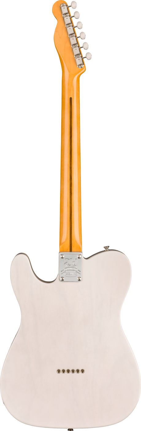 The image shows the back of a Telecaster-style electric guitar with a glossy orange neck, six chrome tuning pegs in a row, and a cream-colored body with a smooth finish. It features a metal neck plate with a Fender logo, a classic flat-top shape with contoured edges, and six small holes likely for electronics access. This vintage-inspired design is known for its bright tone and simple, reliable construction.