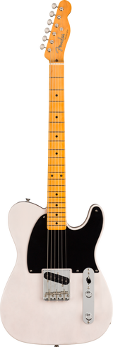 The image shows a Fender Telecaster electric guitar with a cream-colored body and black pickguard, maple neck and fretboard, and the classic Fender headstock with six tuning pegs. It features chrome hardware, two single-coil pickups, volume and tone knobs, and a pickup selector switch. Known for its bright, versatile tone, the Telecaster’s angular body and iconic design have made it a staple since the 1950s.