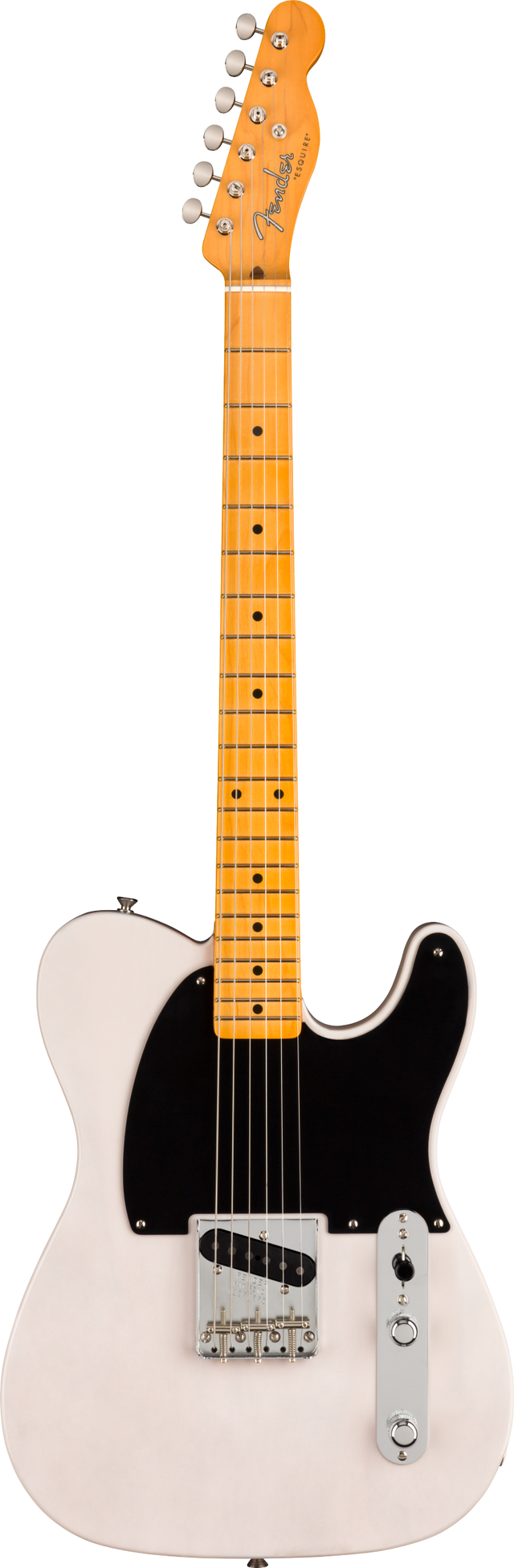 The image shows a Fender Telecaster electric guitar with a cream-colored body and black pickguard, maple neck and fretboard, and the classic Fender headstock with six tuning pegs. It features chrome hardware, two single-coil pickups, volume and tone knobs, and a pickup selector switch. Known for its bright, versatile tone, the Telecaster’s angular body and iconic design have made it a staple since the 1950s.