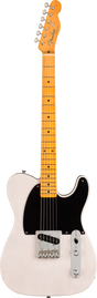 The image shows a Fender Telecaster electric guitar with a cream-colored body and black pickguard, maple neck and fretboard, and the classic Fender headstock with six tuning pegs. It features chrome hardware, two single-coil pickups, volume and tone knobs, and a pickup selector switch. Known for its bright, versatile tone, the Telecaster’s angular body and iconic design have made it a staple since the 1950s.