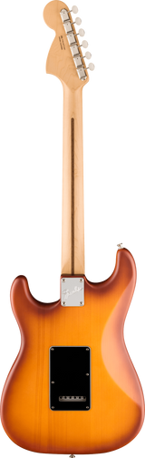 The image shows the back of a Fender electric guitar with a maple neck and sunburst body finish. It features the classic Fender headstock with six inline chrome tuning machines, a chrome neck plate with the Fender logo, and black cavity covers. The bolt-on neck design and overall style suggest it is likely a Stratocaster or similar professional-grade model.