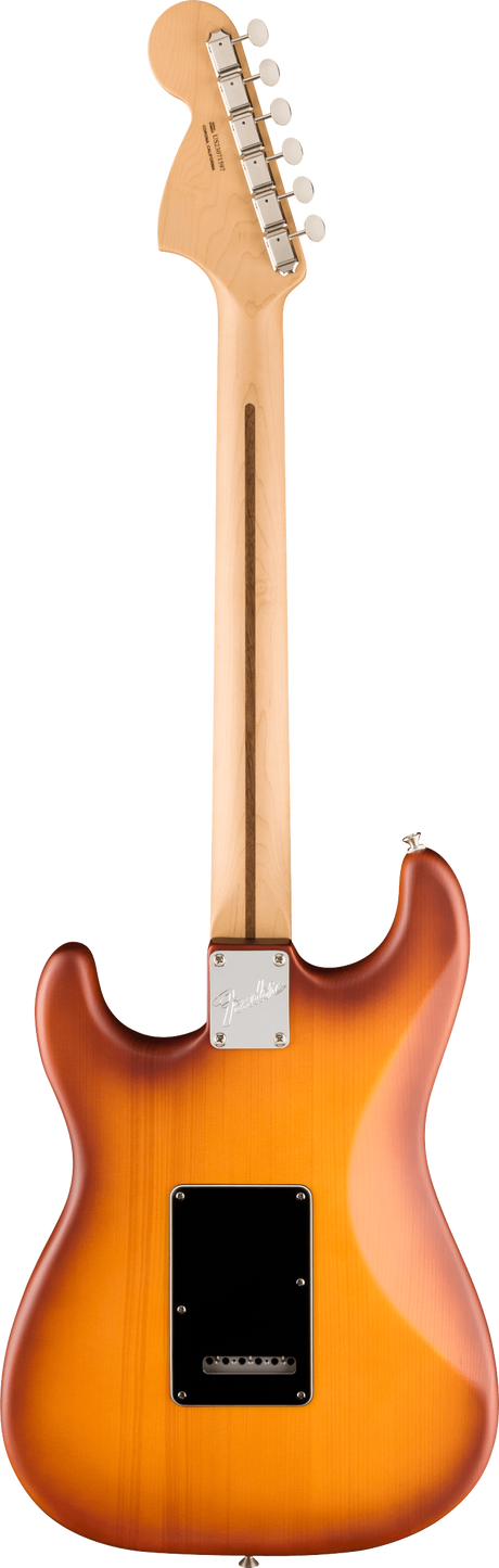 The image shows the back of a Fender electric guitar with a maple neck and sunburst body finish. It features the classic Fender headstock with six inline chrome tuning machines, a chrome neck plate with the Fender logo, and black cavity covers. The bolt-on neck design and overall style suggest it is likely a Stratocaster or similar professional-grade model.