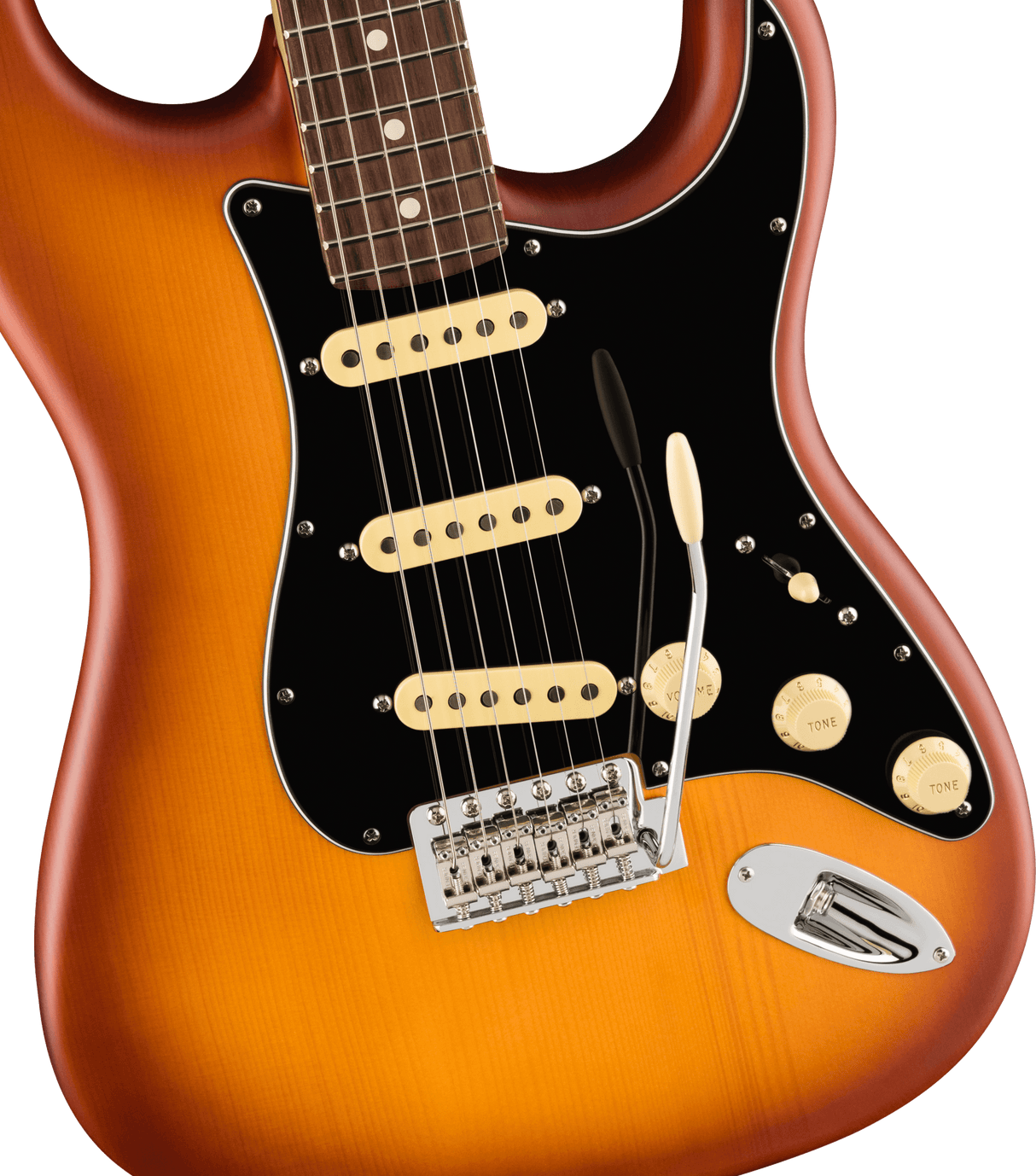 The image shows a close-up of a Stratocaster-style electric guitar with a sunburst finish, transitioning from orange edges to a cream center. It features three cream single-coil pickups, a black pickguard, chrome tremolo bridge, two cream tone knobs, a five-way selector switch, and an input jack. The maple neck has a dark rosewood fretboard with dot inlays and metal frets, showcasing a high-quality, professional-grade instrument.