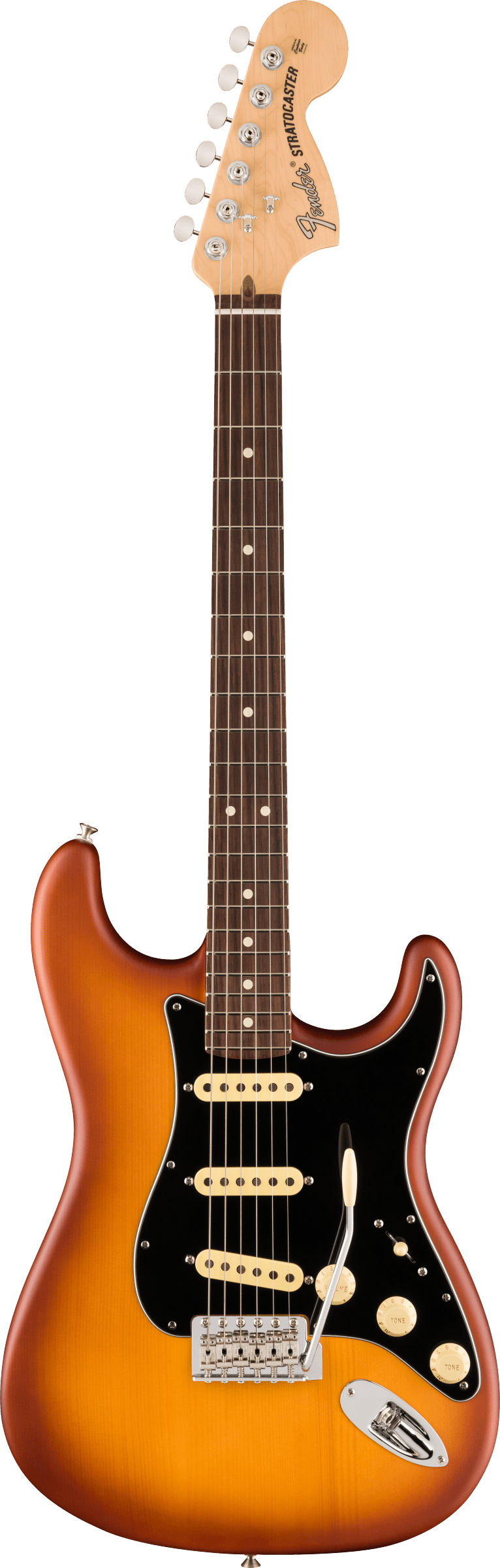 The image shows a Fender Stratocaster electric guitar with a classic double cutaway body and sunburst finish. It features three cream single-coil pickups, a black pickguard, chrome hardware, and a 5-way selector switch. The maple neck has a rosewood fretboard with dot markers, and the headstock displays the Fender logo, "Stratocaster" text, and six chrome tuners. This is a modern Standard or Player series model.