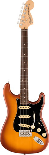 The image shows a Fender Stratocaster electric guitar with a classic double cutaway body and sunburst finish. It features three cream single-coil pickups, a black pickguard, chrome hardware, and a 5-way selector switch. The maple neck has a rosewood fretboard with dot markers, and the headstock displays the Fender logo, "Stratocaster" text, and six chrome tuners. This is a modern Standard or Player series model.