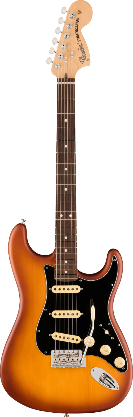 The image shows a Fender Stratocaster electric guitar with a classic double cutaway body and sunburst finish. It features three cream single-coil pickups, a black pickguard, chrome hardware, and a 5-way selector switch. The maple neck has a rosewood fretboard with dot markers, and the headstock displays the Fender logo, "Stratocaster" text, and six chrome tuners. This is a modern Standard or Player series model.