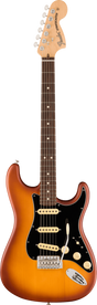 The image shows a Fender Stratocaster electric guitar with a classic double cutaway body and sunburst finish. It features three cream single-coil pickups, a black pickguard, chrome hardware, and a 5-way selector switch. The maple neck has a rosewood fretboard with dot markers, and the headstock displays the Fender logo, "Stratocaster" text, and six chrome tuners. This is a modern Standard or Player series model.