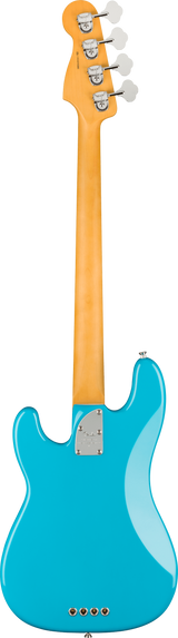 The image shows the back of a 4-string electric bass guitar with a vibrant blue body and a natural maple neck. Visible features include a bass-style headstock with four chrome tuning pegs and white buttons, a glossy blue Precision Bass-style body, a chrome neck plate, and four control knobs at the bottom. The design combines classic and modern elements, suggesting a professional product photo likely for retail or catalog use.