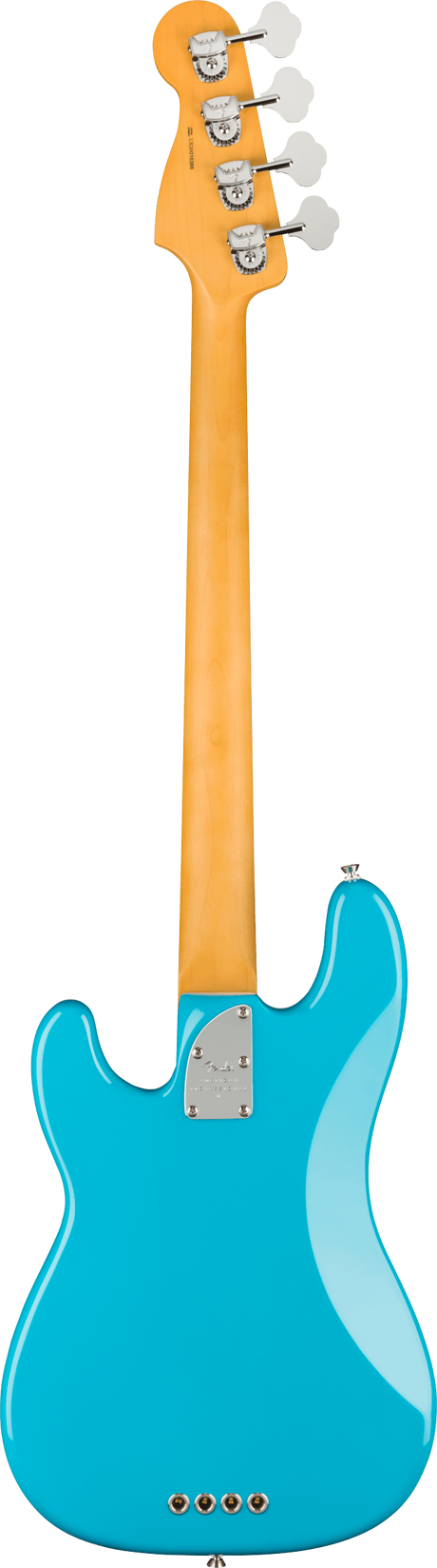 The image shows the back of a 4-string electric bass guitar with a vibrant blue body and a natural maple neck. Visible features include a bass-style headstock with four chrome tuning pegs and white buttons, a glossy blue Precision Bass-style body, a chrome neck plate, and four control knobs at the bottom. The design combines classic and modern elements, suggesting a professional product photo likely for retail or catalog use.
